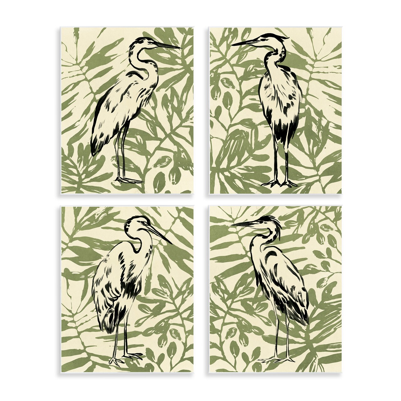 Stupell Industries Tropical Herons with Leaves 4pc Wall Plaque Art Set Design by June Erica Vess